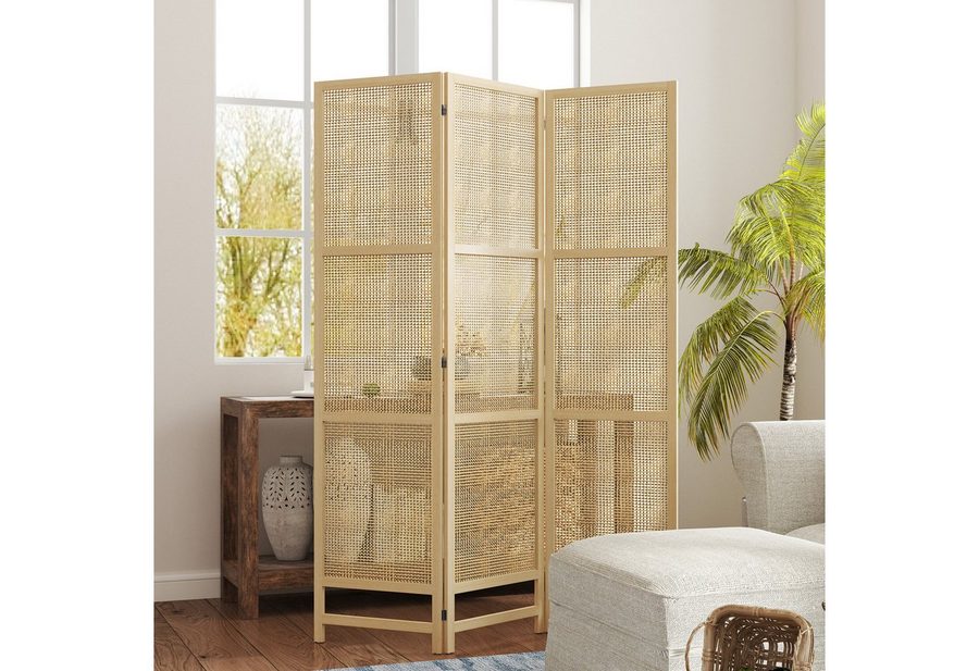 HOMCOM Paravent 3-teilig 135x180cm aus PP Rattan, Faltbar Raumtrenner Sichtschutz (Raumteiler, 1 St., Trennwand), für Wohnzimmer, Schlafzimmer, Naturholz von HOMCOM