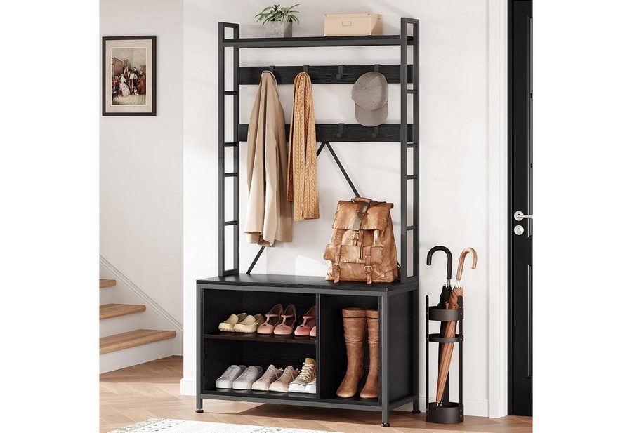 GarveeMore Garderobenständer 5-in-1 mit Schuhbank,3 Etagen Ablage und 8 Haken,178cm, mit Schuhschrank,verstellbare Füße,für Flure,Wohnzimmer,93x35x178cm von GarveeMore