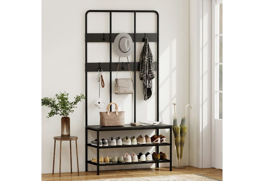 HOMCOM Garderobenständer Kleiderständer mit Schuhbank, Garderobe mit 6 Haken, (Jackenständer, 1 St., Garderobe), für Eingangsbereich, Flur, Schlafzimmer, Schwarz von HOMCOM