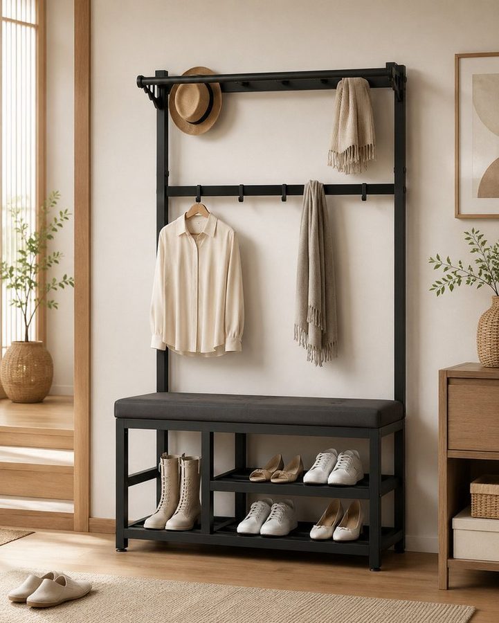 ibettertec Garderobenständer Kleiderständer Garderobe mit Schuhbank, flurgarderobe,garderobe flur, 170*90*33cm,mit 9 Kleiderhaken von ibettertec