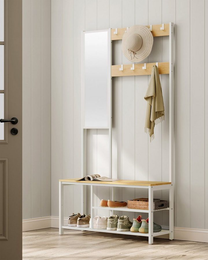 VASAGLE Garderobenständer Garderobe mit Haken, Kleiderständer mit Spiegel, Schuhbank und Ablagen, 36 x 98 x 185 cm, für Flur, Schlafzimmer, Wohnzimmer von VASAGLE
