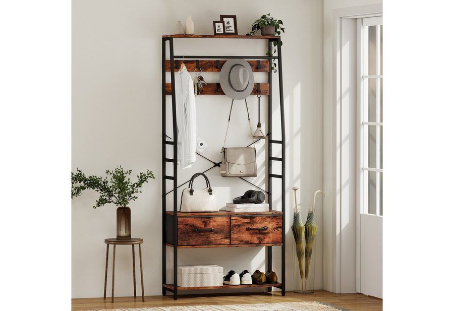 HOMCOM Garderobenständer Schuhbank, Kleiderstange, Industrie-Design Garderobe, Höhe 180 cm, (Jackenständer, 1 St., Kleiderständer), für Eingangsbereich, Flur, Rustikal-Braun von HOMCOM