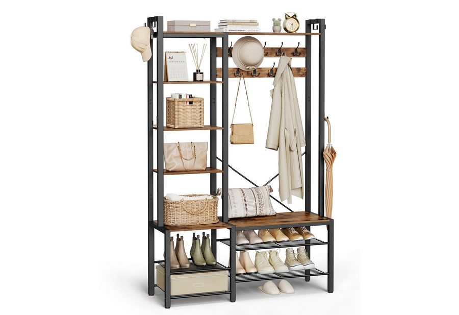 VASAGLE Garderobenständer Garderobe, Garderobenständer, mit Schuhbank, Haken, 5 Regalebenen aus Spanplatten von VASAGLE