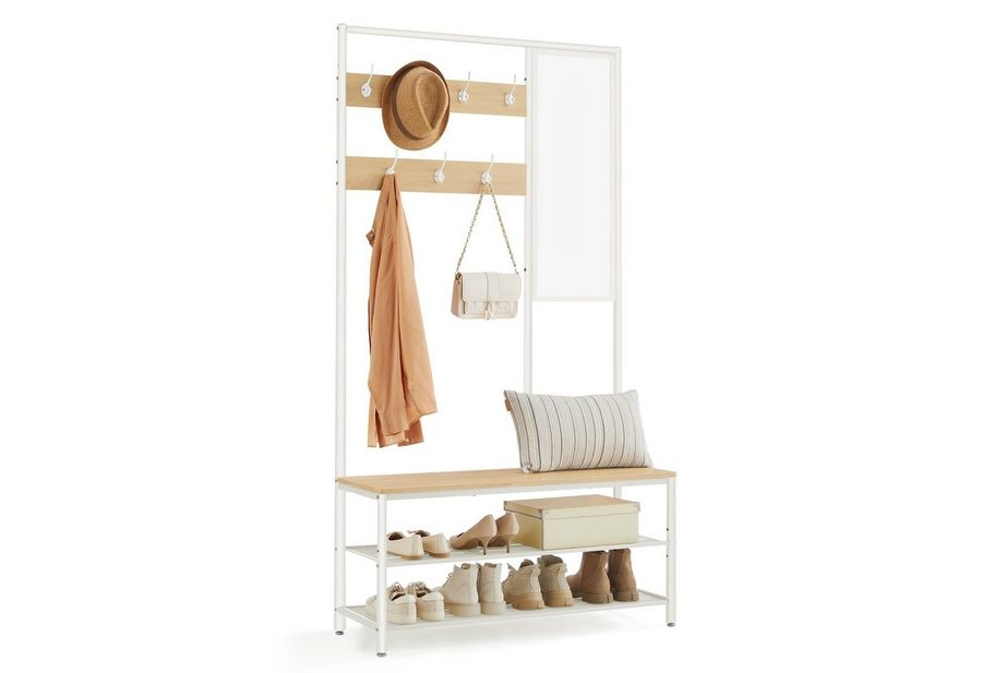 VASAGLE Garderobenständer Garderobe, mit 7 Haken, Spiegel, Sitzbank, 35 x 98 x 180 cm von VASAGLE
