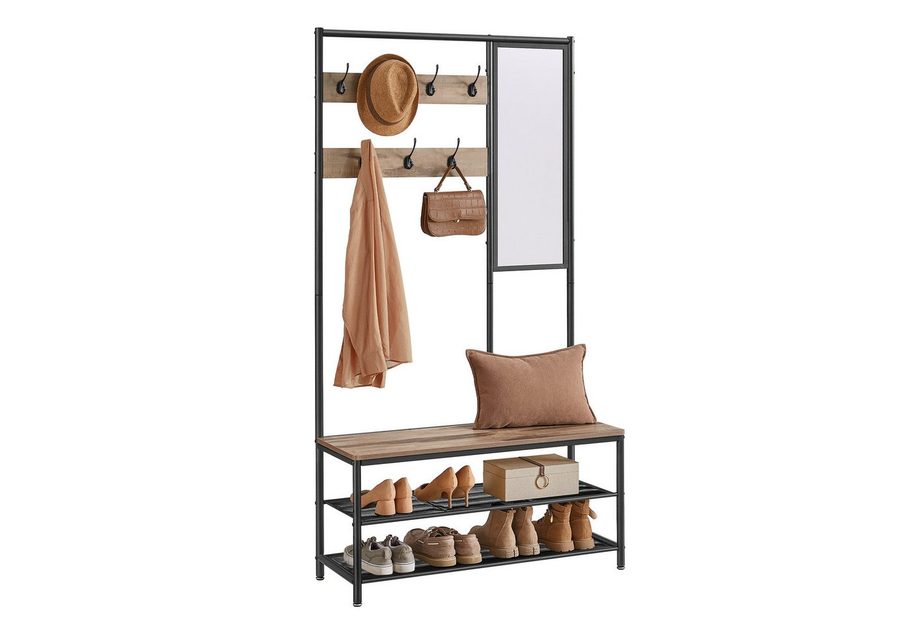 VASAGLE Garderobenständer Garderobe, mit 7 Haken, Spiegel, Sitzbank, 35 x 98 x 180 cm von VASAGLE