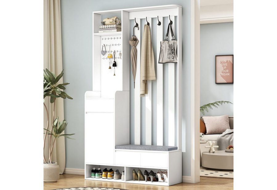 Flieks Garderobenständer, (1 St., H180/B100/T35 cm), Garderoben-Set mit gepolsterter Schuhbank Schuhschrank mit Stecktafel von Flieks