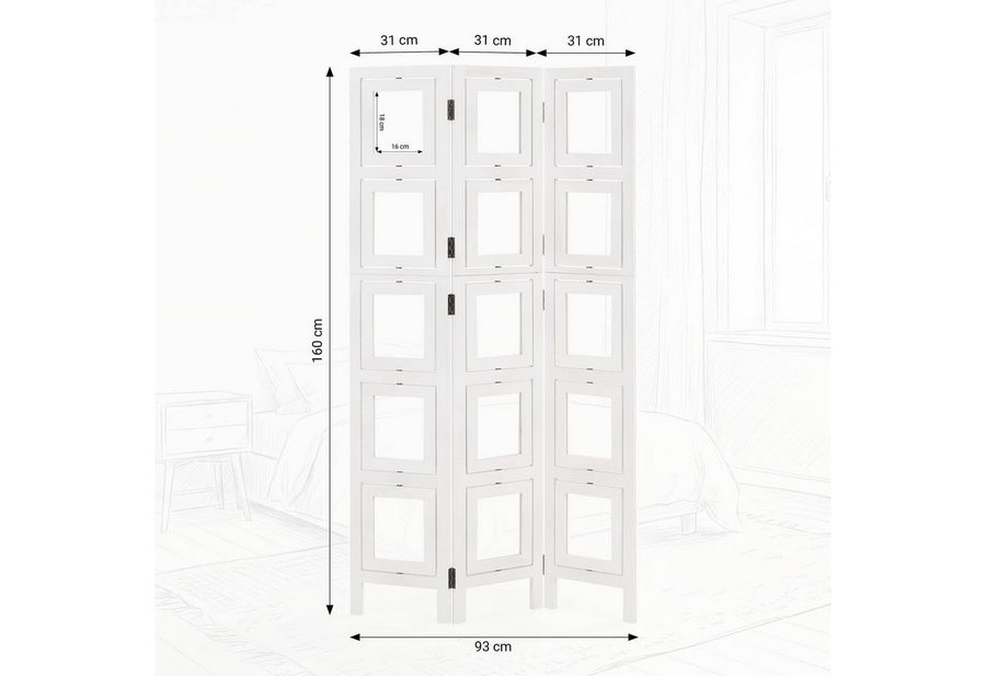 Homestyle4u Paravent Raumteiler Indoor Holz 3-tlg. Bilderrahmen Fotohalter Sichtschutz (3-teilig), Weiß, Einzelelemente 360 Grad drehbar von Homestyle4u