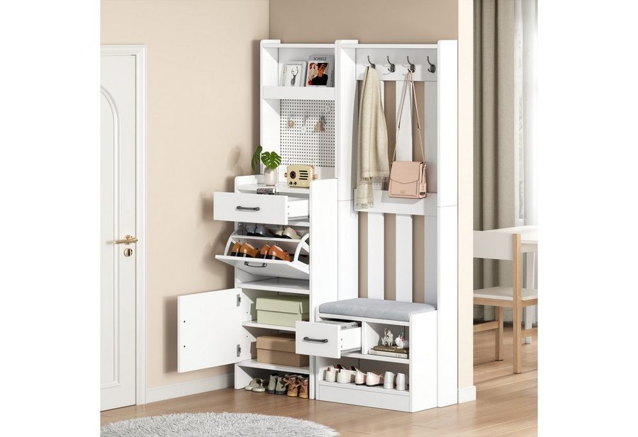Merax Garderobenständer 7-in-1 Garderobenschrank in Weiß, (1 St., 110x35x175,5 cm), Garderobenständer mit Schuhbank, 2 Schubladen, Schrank, 7 Haken & Rega von Merax