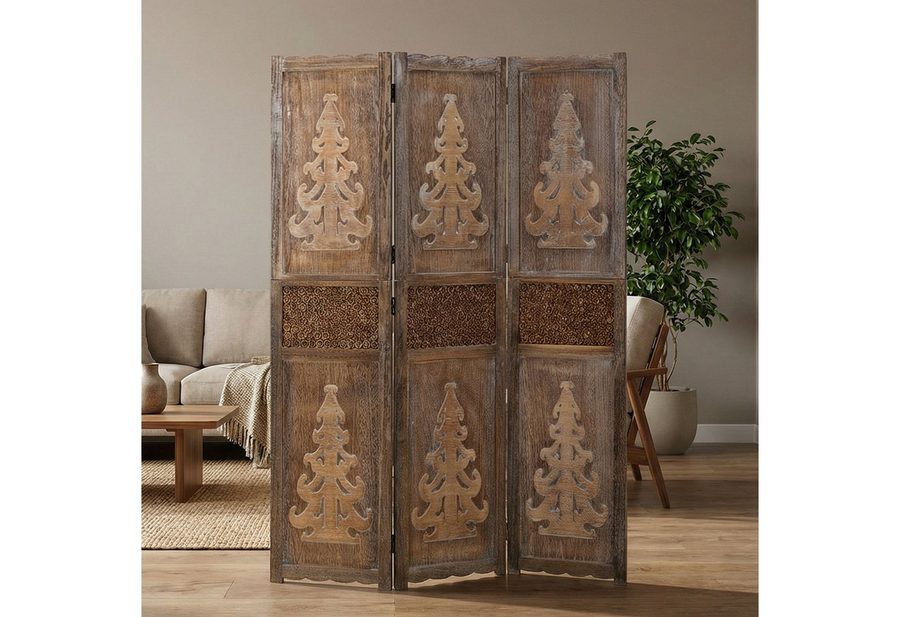 Homestyle4u Paravent Raumteiler Indoor Holz Trennwand spanische Wand Sichtschutz faltbar (3-teilig), Baum Motiv, Holzlamellen, Holzmotiv, Raumtrenner von Homestyle4u