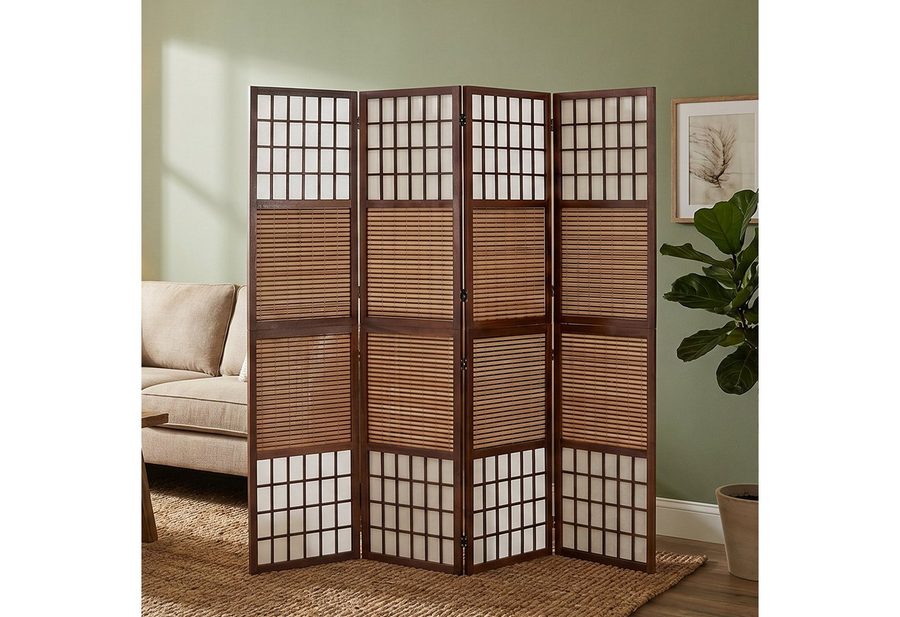 Homestyle4u Paravent Raumteiler Indoor Holz Braun Spanische Wand Sichtschutz Bambus Schwarz (4-teilig), Trennwand, faltbar von Homestyle4u