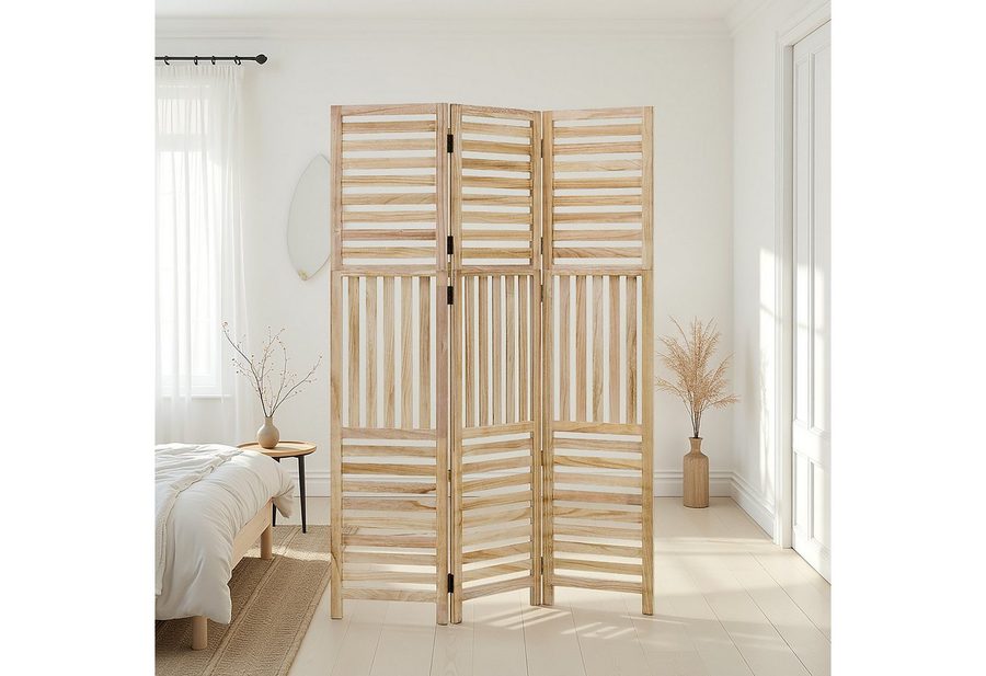 Homestyle4u Paravent Raumteiler Indoor Holz Trennwand Natur Sichtschutz faltbar Lamellen (3-teilig), Paneel Paneeloptik von Homestyle4u