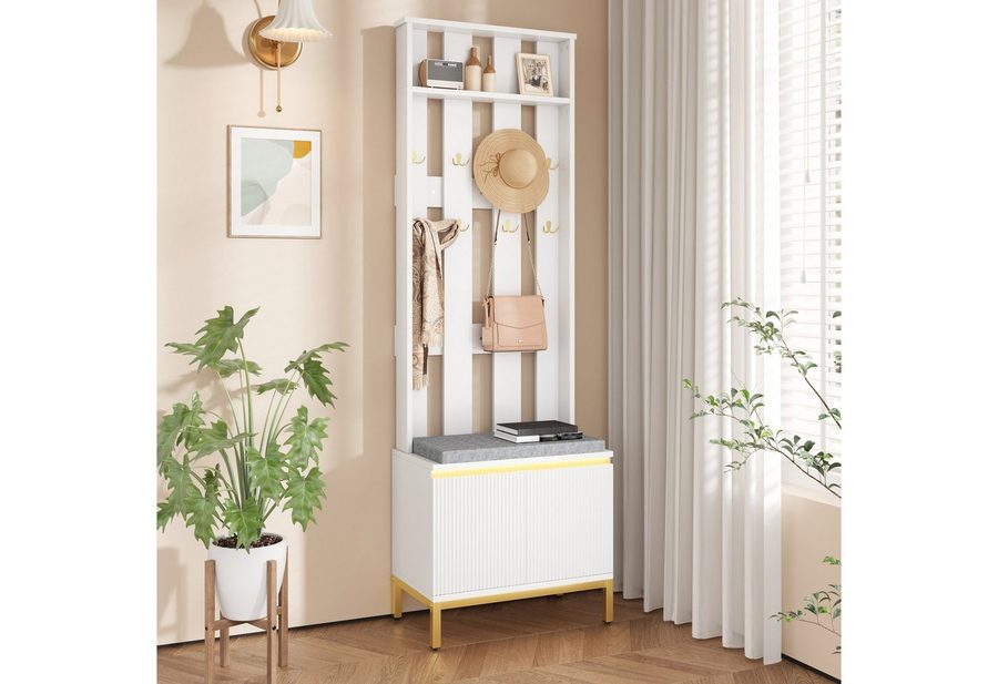 Merax Garderobenständer mit Schuhschrank, gepolsterter Sitzbank und 8 goldenen Doppelhaken, (Wandpaneel Garderobenbank 60x35,5x191,5cm, 1 St), Flurgarderobe mit LED-Beleuchtung & höhenverstellbarem Einlegeboden von Merax