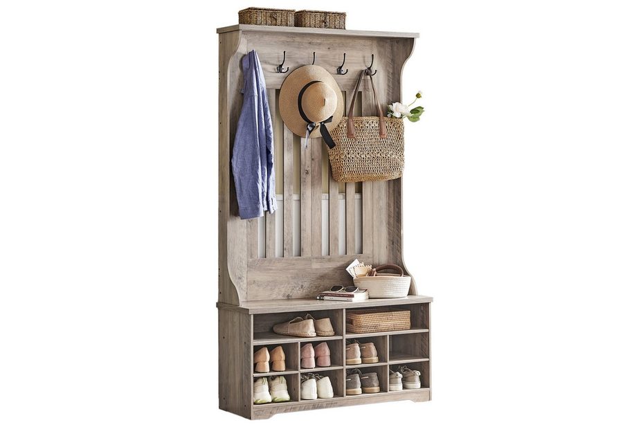 VASAGLE Garderobenständer Schuhaufbewahrung mit Schuhbank, 5 Dreifach-Haken, für Eingangsbereich, Flur, freistehend, platzsparend, Garderobe von VASAGLE