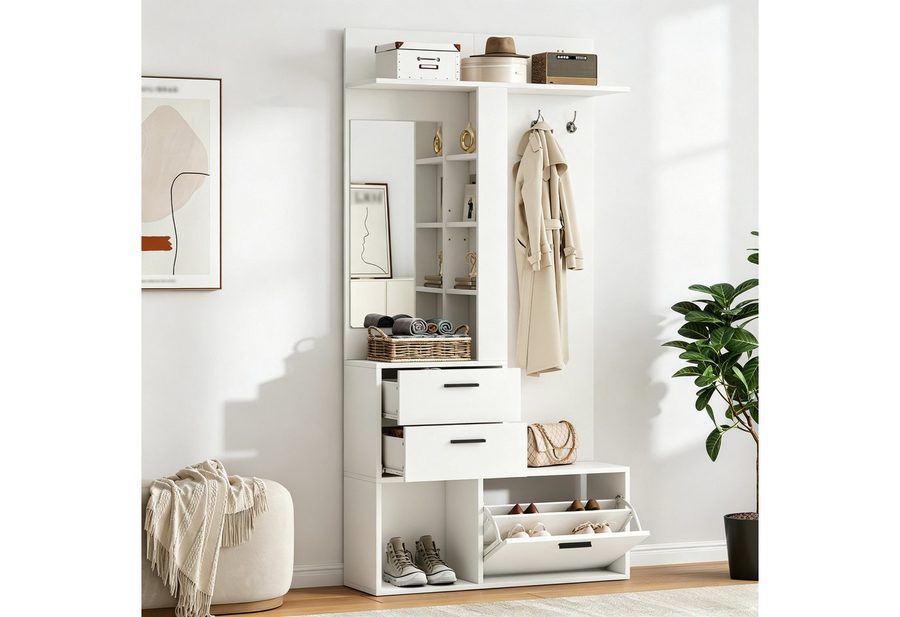 Merax Garderobenständer Flurgarderobe mit Spiegel und Klapptür, 90x30x180 cm, (1 St), Garderobenschrank mit 2 Schubladen, 3 Haken und Schuhschrank von Merax