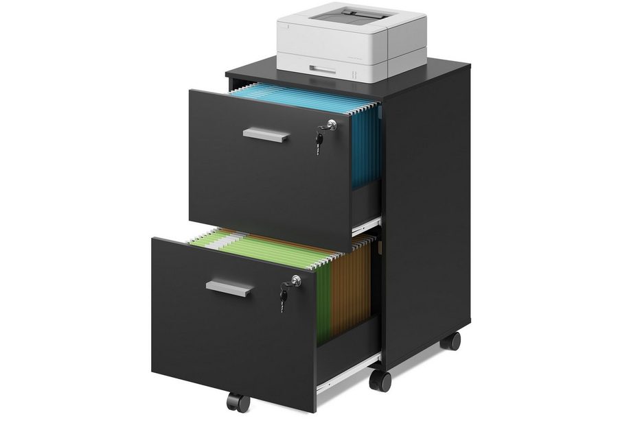 DEVAISE Rollcontainer mit Schubladen, Aktenschrank abschließbar für DIN A4/Legal/Letter, Büroschrank mit Rollen, Druckerständer, Schwarz, 44×40×68 cm von DEVAISE
