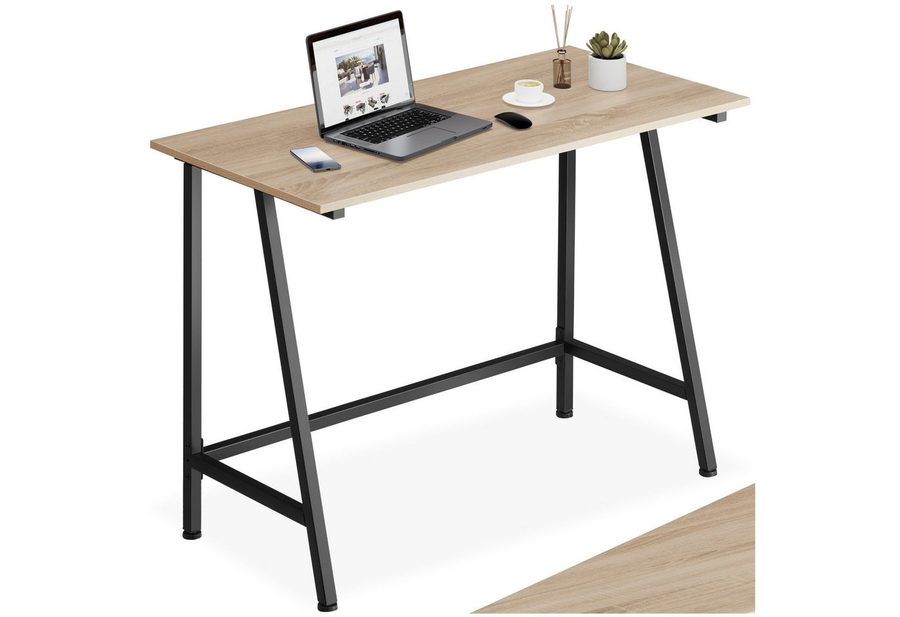 tectake Schreibtisch Computertisch aus Holz und Stahl, 100 x 50 x 77 cm (Arbeitstisch Newton, 1-St., in Industrial Holz hell, Eiche Sonoma), trapezförmiges Gestell, mit höhenverstellbaren Kunststofffüßen von TECTAKE