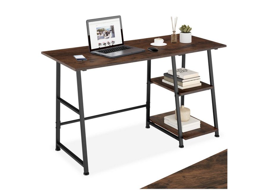 tectake Schreibtisch Bürotisch mit höhenverstellbaren Kunststofffüßen, 120 x 50 x 73,5 cm (Arbeitstisch Paisley, 1-St., in Industrial Holz dunkel, rustikal), Holz, Stahl, trapezförmiges Gestell, Seitenregal mit 2 Ablagefächern von TECTAKE