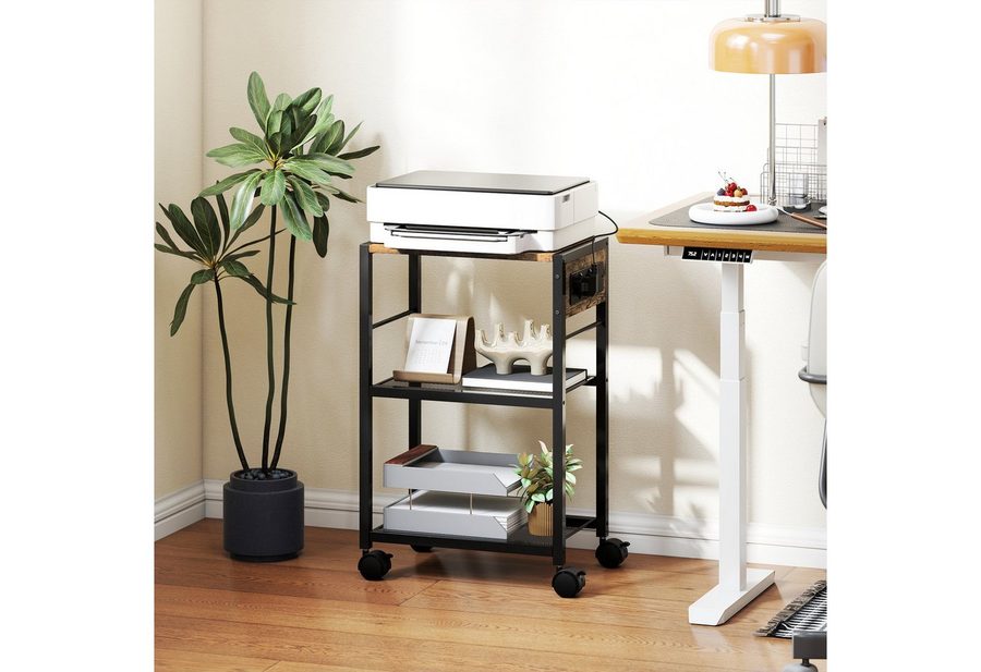 HOMCOM Aktenschrank Druckertisch mit 3 Ebenen Steckdosen Rollen Organizer (Druckeregal, 1-St., Druckerständer) bis 40 kg, für Büro Arbeitszimmer 42 x 28 x 64,5 cm Rustikalbraun von HOMCOM