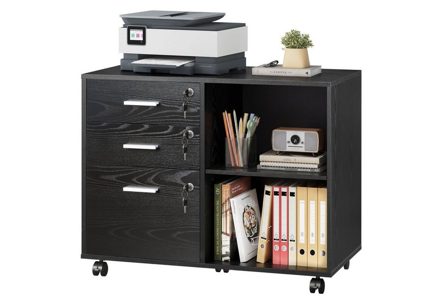 DEVAISE Aktenschrank Rollcontainer mit 3 abschließbaren Schubladen & offenem Fach, (80×40×63 cm) mobiler Aktenschrank auf Rollen, Hängeregistratur Letter von DEVAISE