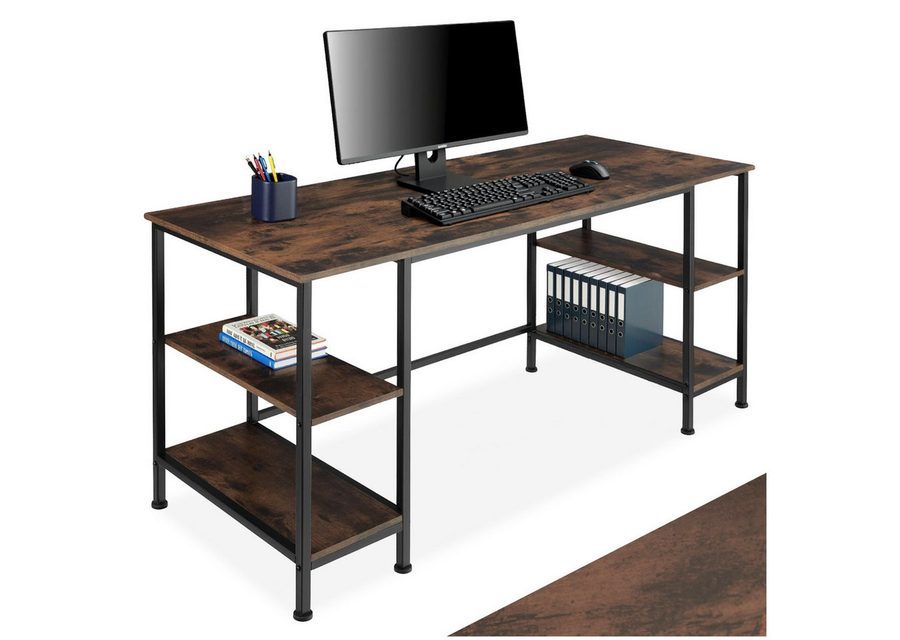 tectake Schreibtisch Computertisch mit höhenverstellbaren Kunststofffüßen, 137 x 55 x 75 (Arbeitstisch Stoke, 1-St., in Industrial Holz dunkel, rustikal), Holz und Stahl, 2 Seitenregale mit je 2 Ablagefächern von TECTAKE