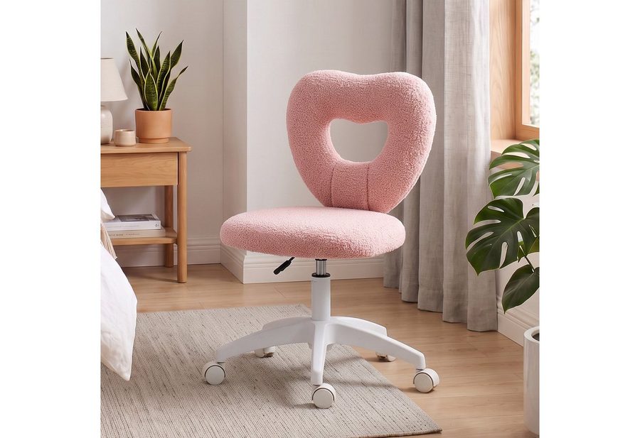 HOMCOM Bürostuhl Schreibtischstuhl Drehstuhl bis 120 kg belastbar Schlafzimmer (Höhenverstellbarer Teddy-Fleece Schminktisch Stuhl, 1 St), für Arbeitszimmer, Rosa von HOMCOM