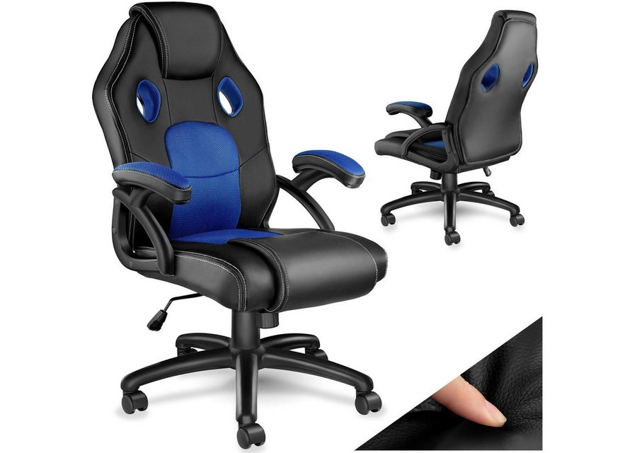 tectake Gaming-Stuhl Bürostuhl, ergonomische Form, Kunstlederbezug mit Mesh-Gewebe (Gaming Sessel Mike, 1 St), Stufenlos höhenverstellbar, dicke Polsterung, um 360° drehbar von TECTAKE