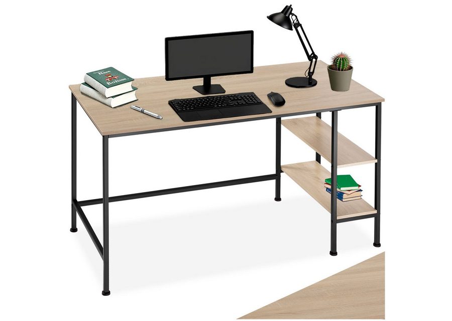 tectake Schreibtisch Arbeitstisch mit höhenverstellbaren Kunststofffüßen, 140 x 60 x (Computertisch Donegal, 1-St., in Industrial Holz hell, Eiche Sonoma), Seitenregal mit 2 Ablagefächern rechts oder links von TECTAKE