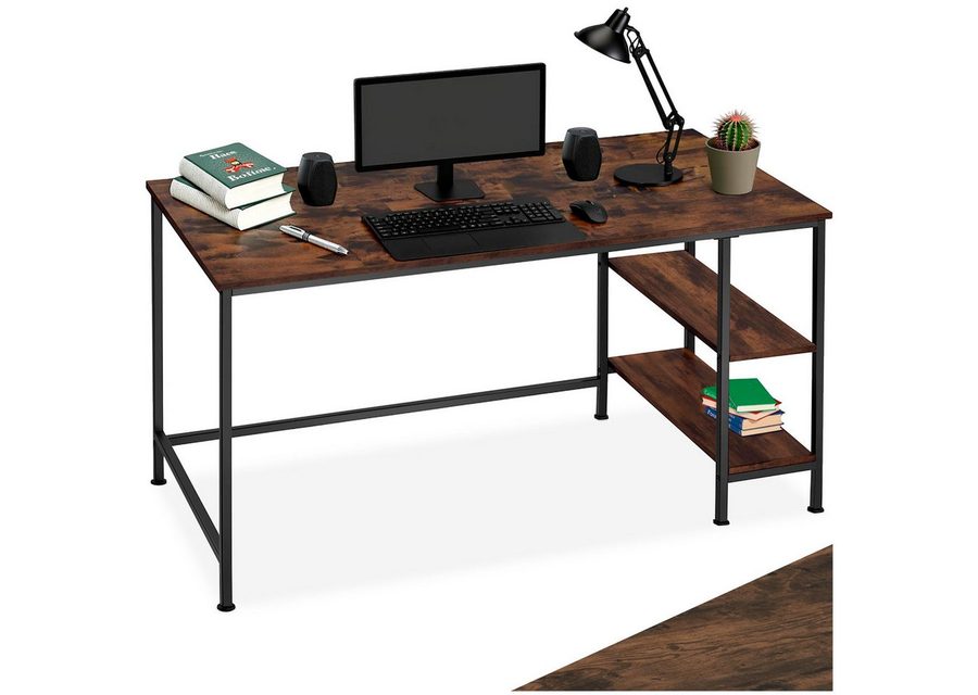 tectake Schreibtisch Arbeitstisch mit höhenverstellbaren Kunststofffüßen, 140 x 60 x (Computertisch Donegal, 1-St., in Industrial Holz dunkel, rustikal), Seitenregal mit 2 Ablagefächern rechts oder links von TECTAKE