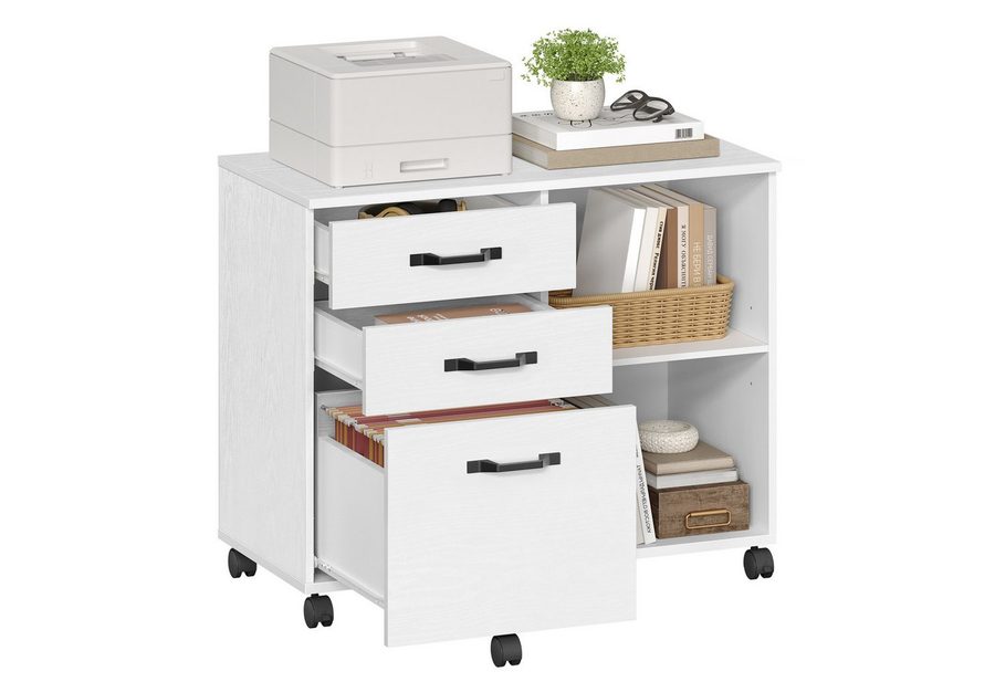 VASAGLE Aktenschrank Rollcontainer Aktenschrank mit 3 Schubladen und Rollen Industrie-Design, offene Fächer, mit Holzmaserung, Druckerständer von VASAGLE