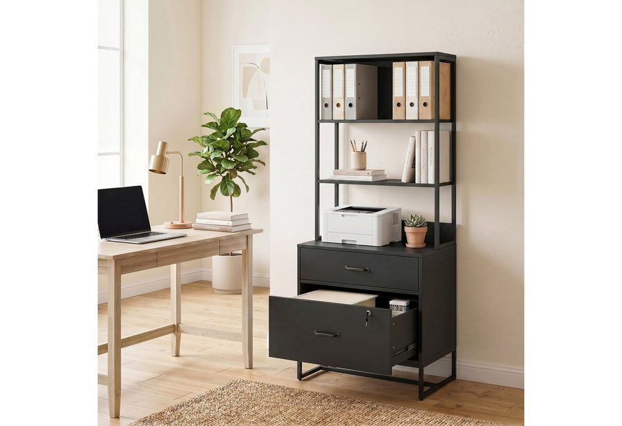 HOMCOM Aktenschrank Abschließbar Büroschrank mit 2 Schubladen, 3 Offenen Ablagefächern (Aufbewahrungsschrank, 1-St., Mehrzweckschrank) für Arbeitszimmer, Büro, Garage, 70 x 40 x 157 cm, Schwarz von HOMCOM