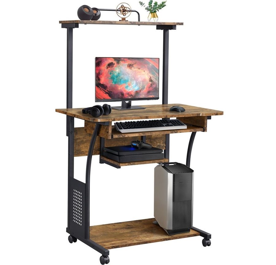 Yaheetech Schreibtisch Computertisch mit Regal & Rollen, Mehrstufiger PC-Tisch Eckschreibtisch für kleiner Raum von Yaheetech
