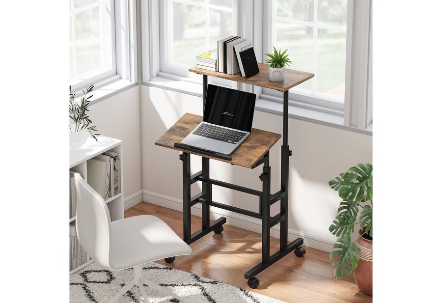 HOMCOM Schreibtisch Küchentisch mit Regal, Rollen, Computertisch, Büroregal (Laptoptisch, 1-St., Arbeitstisch), Höhenverstellbar, Rustikal-Braun von HOMCOM