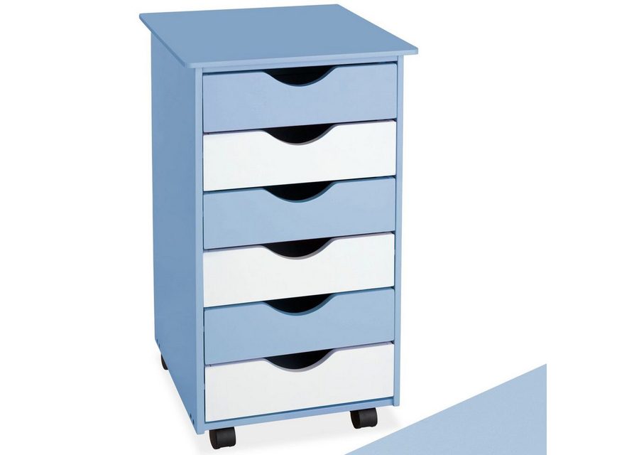 tectake Rollcontainer Schreibtischcontainer 36 x 40 x 65 cm aus Holz, einfache Montage, (Bürokommode, in blau), 4 leichtgängige drehbare Doppelrollen, 6 Schubladen, runde Kanten von TECTAKE