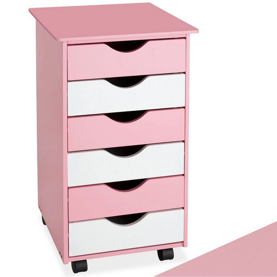 tectake Rollcontainer Schreibtischcontainer 36 x 40 x 65 cm aus Holz, einfache Montage, (Bürokommode, in rosa), 4 leichtgängige drehbare Doppelrollen, 6 Schubladen, runde Kanten von TECTAKE