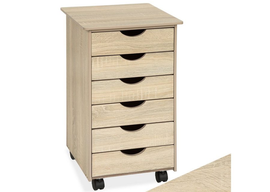 tectake Rollcontainer Schubladenschrank, einfache Montage, Maße 36 x 40 x 65 cm, aus Holz, (Schreibtisch Unterschrank, in Holz hell, Eiche Sonoma), 6 Schubl., 4 leichtgängige, drehbare Doppelrollen, abgerundete Kanten von TECTAKE