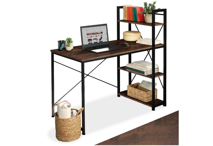 tectake Schreibtisch Computertisch, höhenverstellbare Kunststofffüße, 122 x 61 x 120 cm (Arbeitstisch Hershey, 1-St., in Industrial Holz dunkel, rustikal), Holz und Stahl, integriertes Regal mit 3 Ablagefächern von TECTAKE
