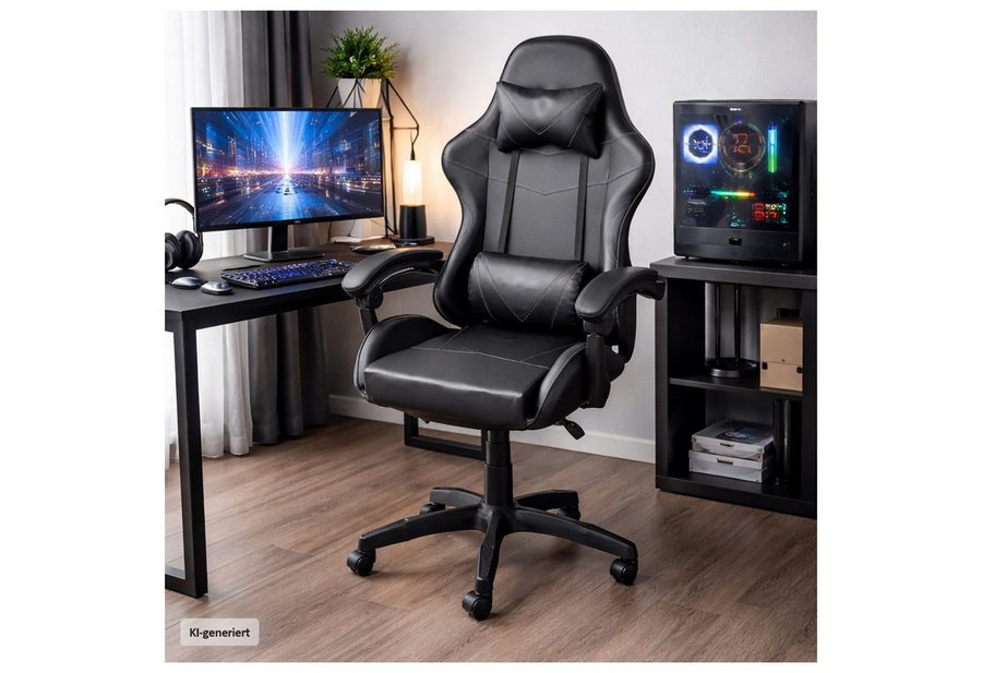 HTI-Living Gaming-Stuhl Drehstuhl Kunstleder Schwarz (Stück, 1 St), mit Nacken- und Lendenkissen von HTI-Living