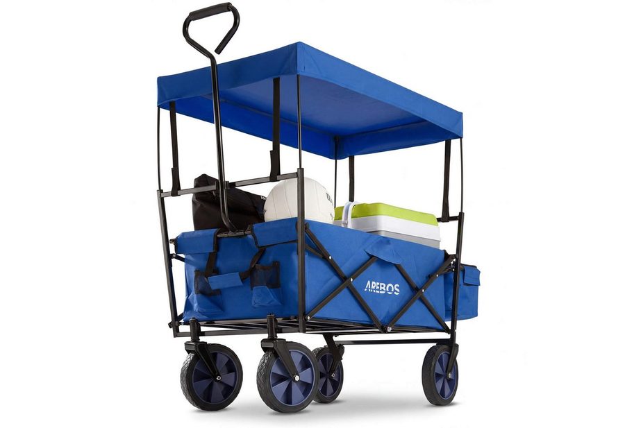 Arebos Bollerwagen ECO faltbar mit Dach, 70 kg Tragkraft für Garten, Camping & Ausflüge (1-tlg., Blau), Maße 117 x 55 x 125 cm von Arebos