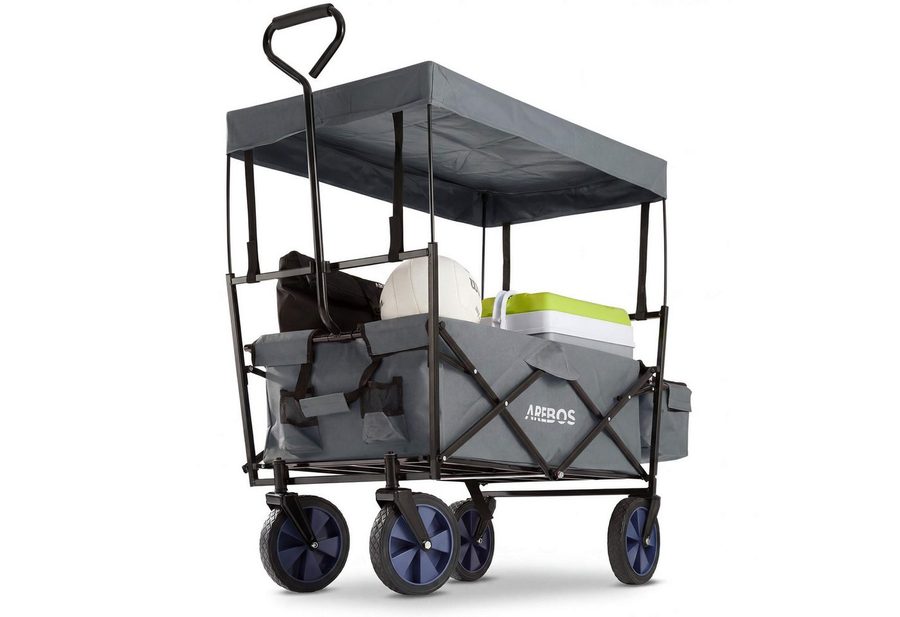 Arebos Bollerwagen ECO faltbar mit Dach, 70 kg Tragkraft für Garten, Camping & Ausflüge (1-tlg., Grau), Maße 117 x 55 x 125 cm von Arebos