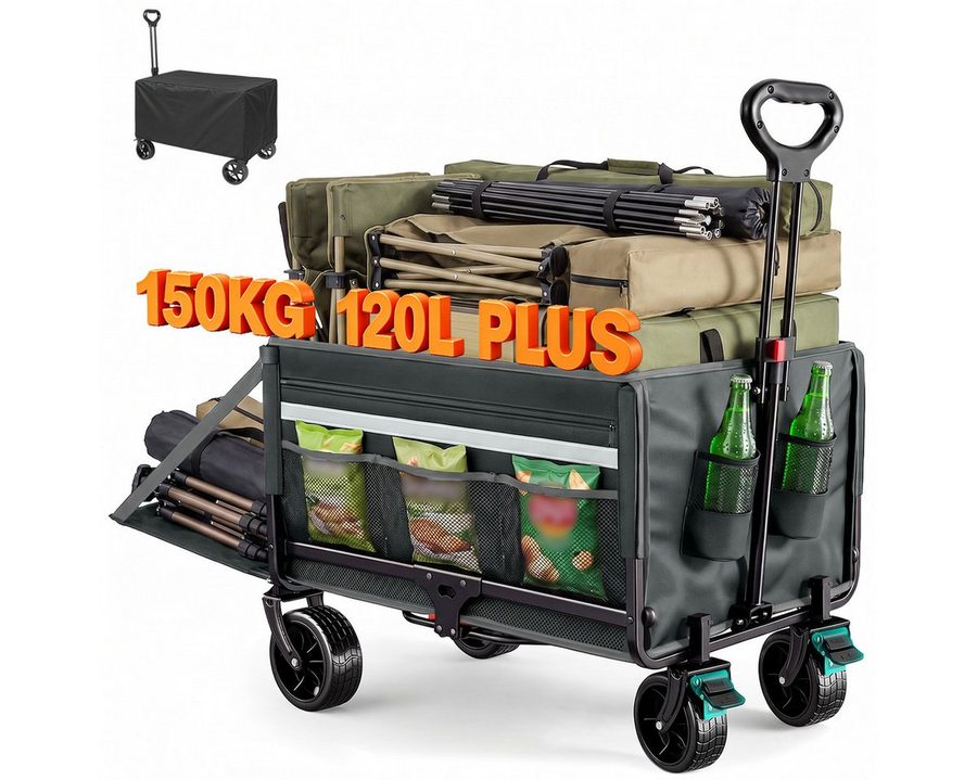 HOMECALL Bollerwagen Gartenwagen mit Heckklappe,Regenschutz, Bremsen Handwagen (Kapazität erweiterbar durch 2 Aufbewahrungstaschen, 120L+ , Campingwagen mit Reflektorstreifen), Für Einkaufen, Camping, Garten, Dogs von HOMECALL
