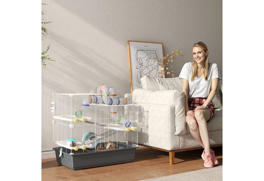 PawHut Hamsterkäfig 4 Etagen Nagerkäfig  Kleintierkäfig mit Laufrad Futternapf Tunnel von PawHut