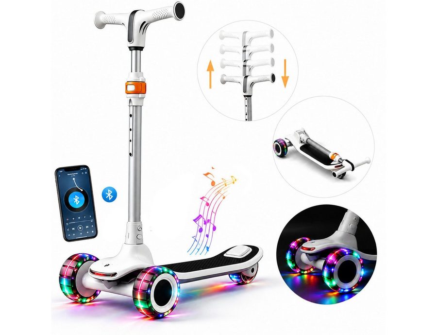 Vornix Cityroller Dreirad Kinder Tretroller ab 3 Jahren,höhenverstellbarer Scooter, mit bunten LED-Leuchträdern & Bluetooth Musik für Drinnen und Draußen von Vornix