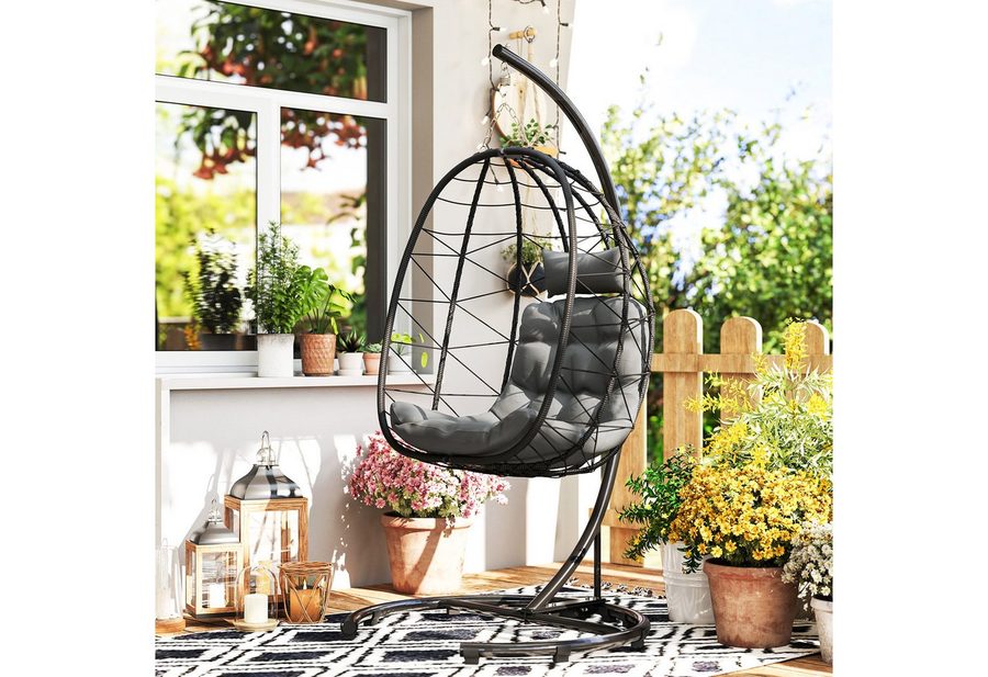 Outsunny Outsunny Hängesessel Hängestuhl Rattan mit Wasserdichtem Abdeckung, Dunkelgrau von Outsunny