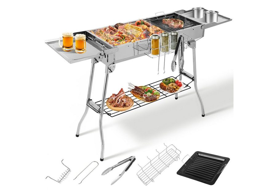 TLGREEN Holzkohlegrill BBQ Charcoal Grill mit Antihaft-Pfanne, Klappgrill Edelstahl mit gusseisenpfanne,Tragbar Camping Grill von TLGREEN