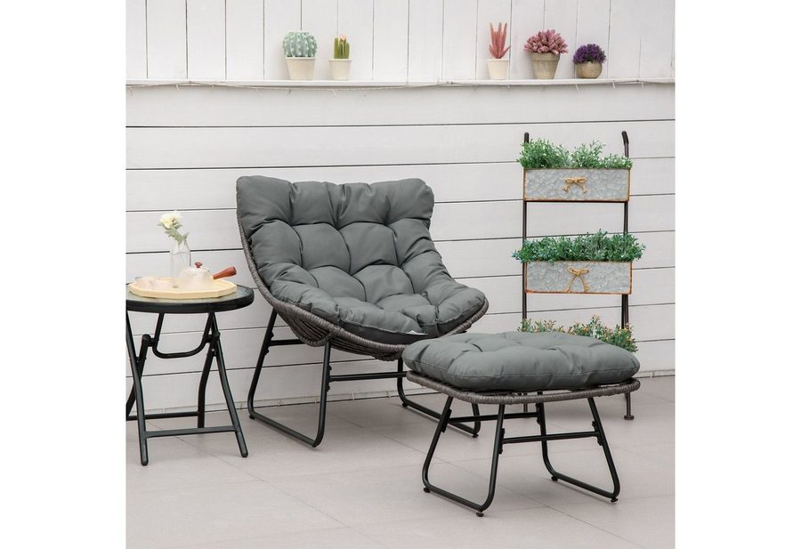 Outsunny Sitzgruppe Rattanstuhl mit Kissen, (Gartensessel, 2-tlg., Rattan Relaxsessel), Stahl Polyester Grau 69 x 76 x 70 cm von Outsunny