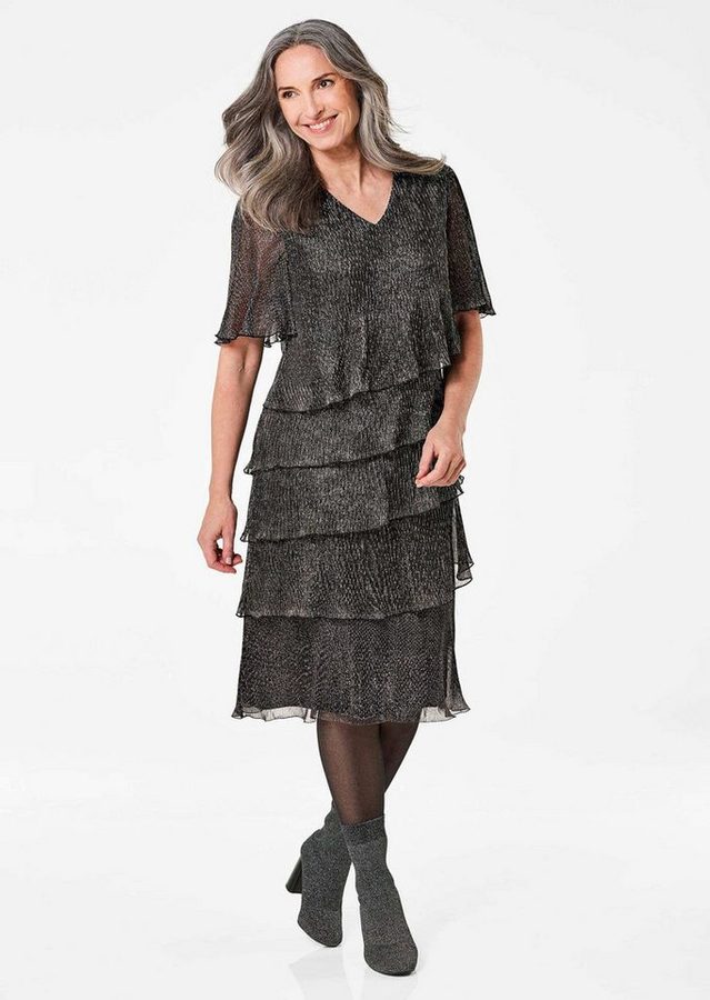 GOLDNER Abendkleid Kurzgröße: Elegantes Abendkleid mit Glanz-Effekt Glanzkleid mit asymmetrische Stufen, V-Ausschnitt und Halbarm von GOLDNER