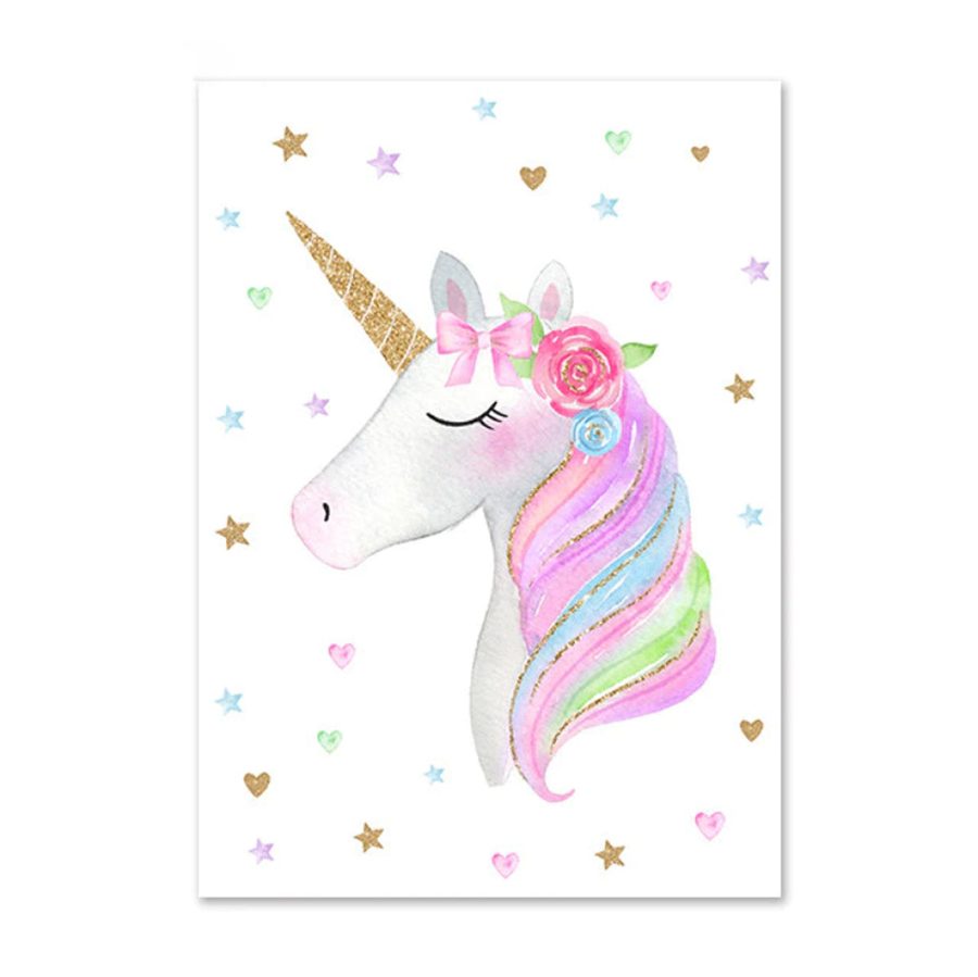 TPFLiving Poster Leinwand / Einhorn, Regenbogen, Sterne, Herz - Für Kinderzimmer - / Verschiedene Größen - OHNE Rahmen - Modell B - 30x40cm von TPFLiving