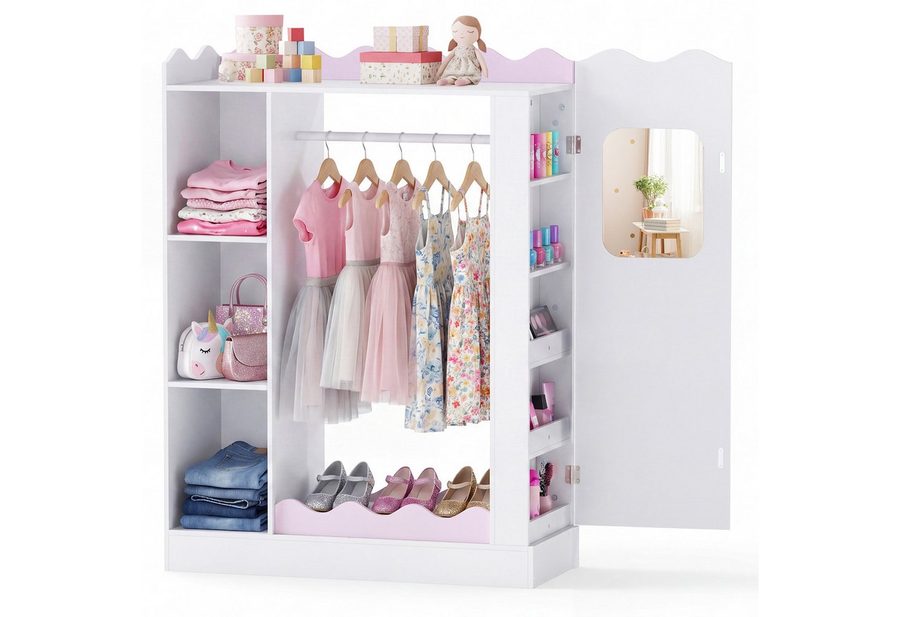 COSTWAY Kinderkleiderschrank mit 2 Spiegeln, offener Kleiderstange, Regalen von COSTWAY
