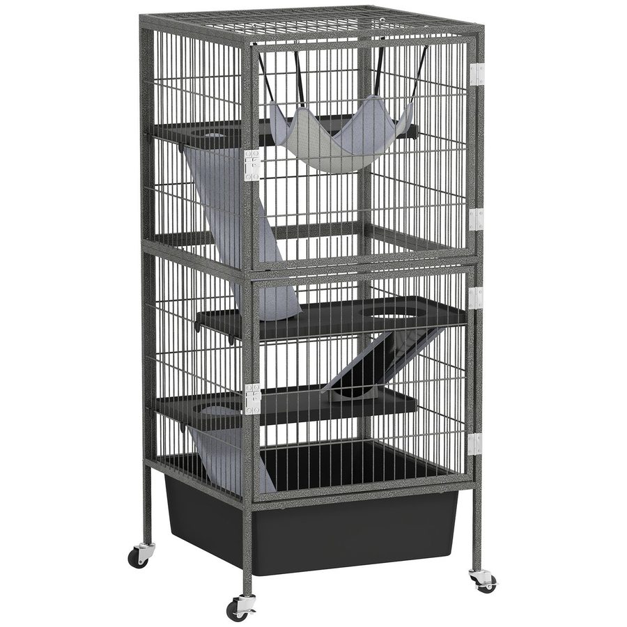 PawHut Kleintierkäfig 4-stöckiger Nagerkäfig mit ausziehbarem Tablett Rampen Hängematte von PawHut