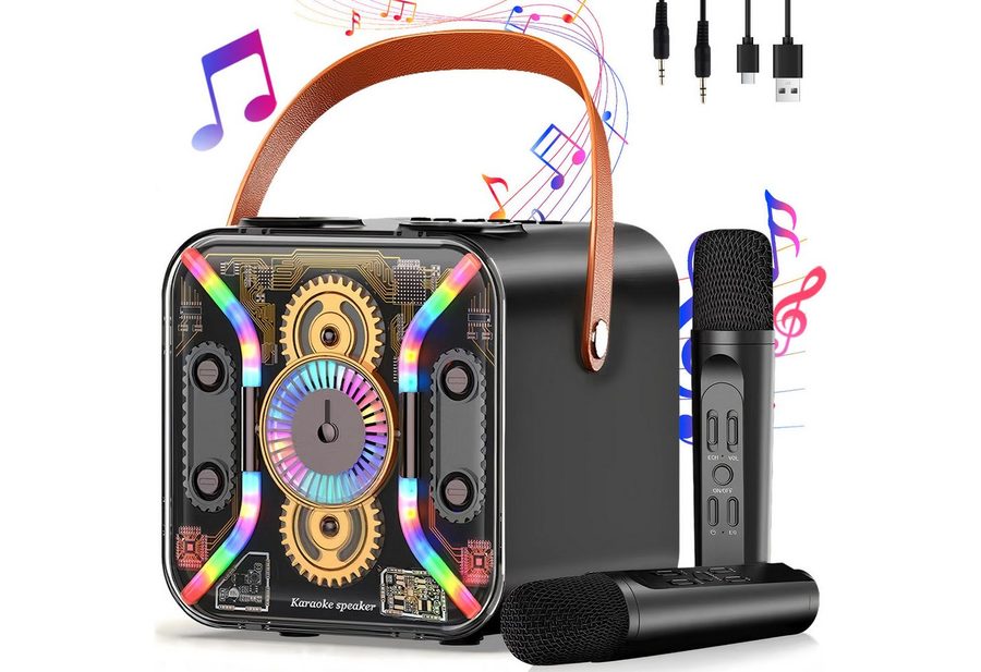 MOPUEA Karaoke-Maschine mit 2 kabellosen Mikrofonen Party-Lautsprecher Bluetooth-Lautsprecher 2 (Bluetooth, Radio, USB, AUX IN, Micro SD Kartenslot, 30 W, Party-Lautsprecher, Karaoke-All-in-One-Maschine, mit Lichteffekten) von MOPUEA